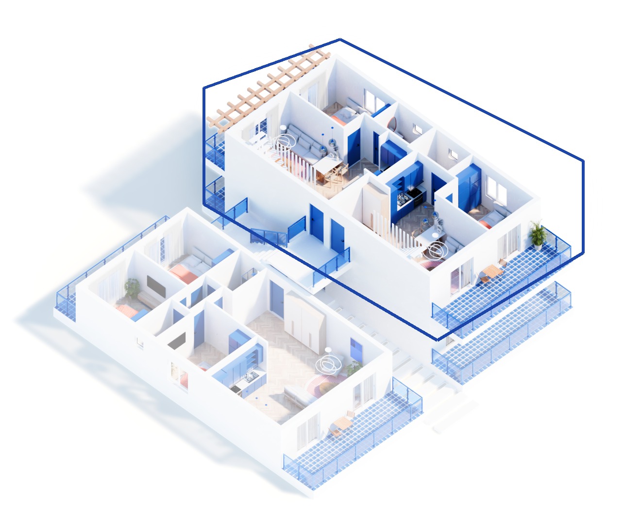 3D cutaway – upper floor maisonette, M HOLIDAY Monastiraki