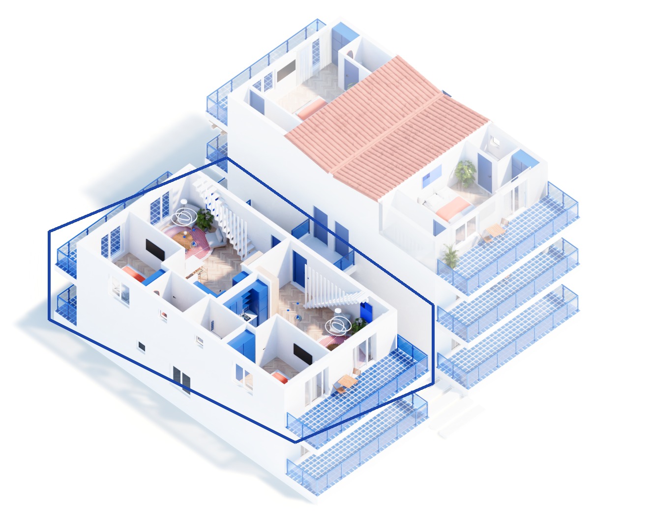 3D cutaway – split maisonettes, M HOLIDAY Monastiraki